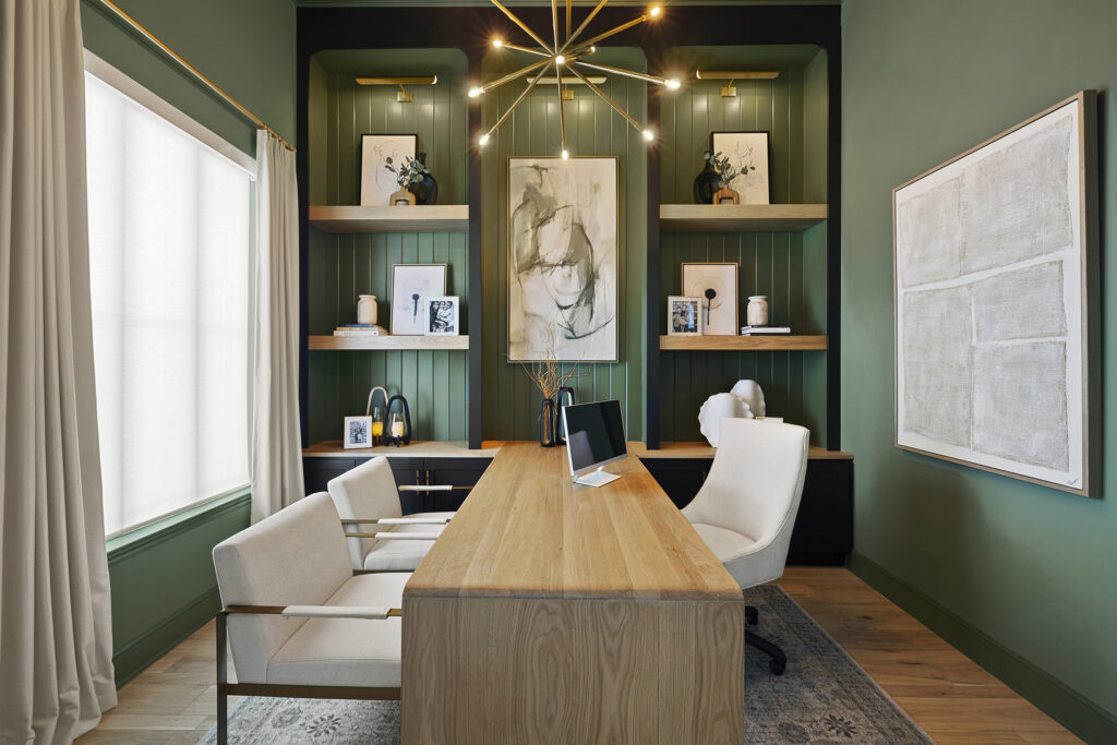 Modern home office with green walls
